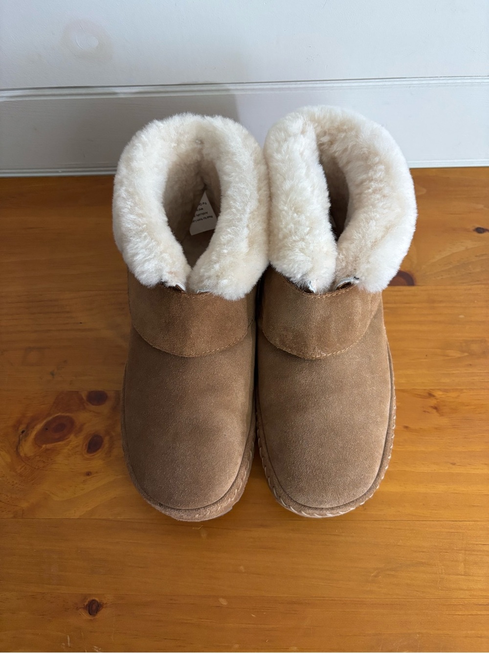 L.L. Bean Suede Shearling-Lined Slipper Boots in Brown and Cream